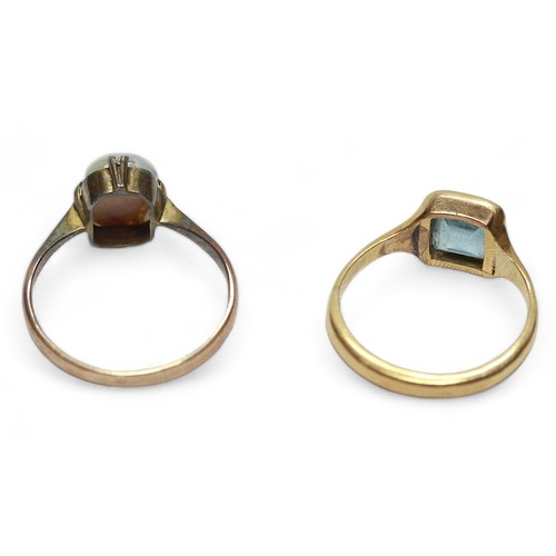 272 - A yellow metal, tests as 18ct gold ring, set with a faceted square aquamarine coloured stone, gross ... 