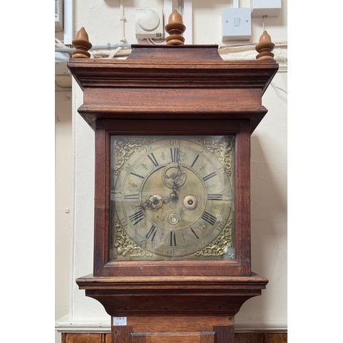 561 - An 18th century longcase clock, with eight-day movement striking a bell, the 11.5-inch square brass ... 