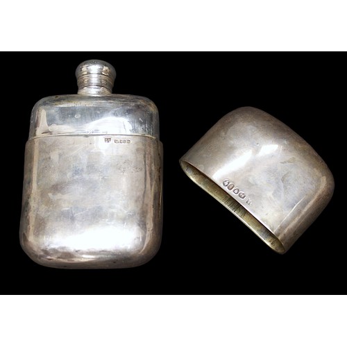 176 - A Victorian silver rounded rectangular pocket hip flask with detachable stirrup cup cover and screw ... 