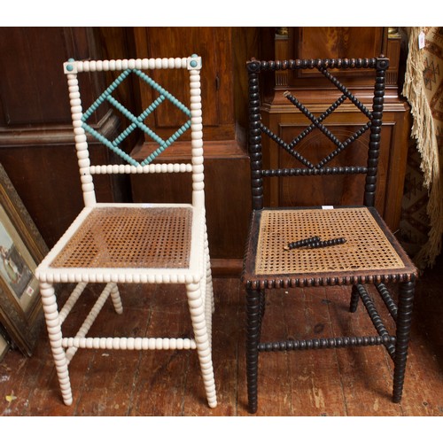 724 - A pair of Victorian walnut standard chairs, with pierced shaped backs, and two various bobbin chairs... 