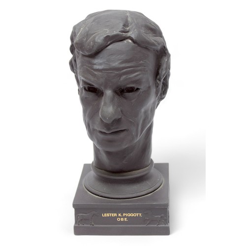 96 - A Wedgwood ‘The Lester Piggott Bust’ in black basalt pottery, raised on pedestal inscribed ‘Lester K... 