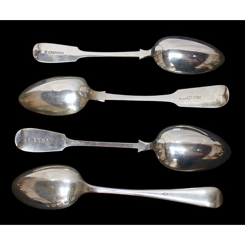 185 - Four Victorian silver table spoons, comprising two Fiddle pattern spoons by Thomas Hart Stone, Exete... 