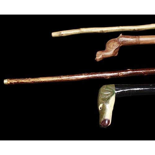 502 - Four assorted walking sticks, comprising a stained staff with applied worm wearing a hat wrapping ar... 