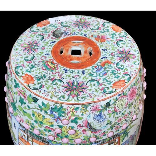 114 - A 19th Century Chinese porcelain barrel seat, profusely polychrome enamelled with court scenes, figu... 