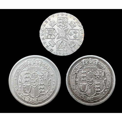 604 - A George III Sixpence, 1787, with semée of Hearts, EF, 3.0g, a Geo.III Shilling, 1816, EF, and a Geo... 