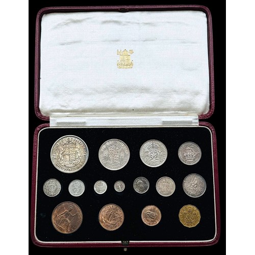 600 - A George VI 1937 Proof Specimen Set of 15 Coins including Maundy Set, in gilt-tooled fitted case, Un... 