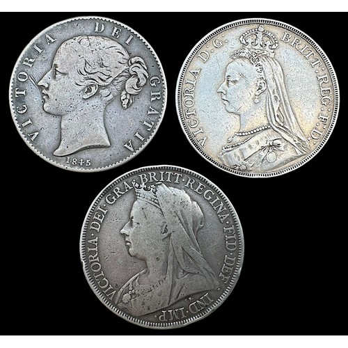 609 - Three 'Heads' of Victoria Silver Crowns, 1845, obv Young Head, rev Shield, F, 27.91g, 1889, Jubilee ... 