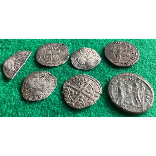 885 - Five low-grade silver hammered and two Roman coins with distinguishable features, including three El... 