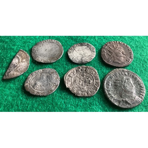 885 - Five low-grade silver hammered and two Roman coins with distinguishable features, including three El... 