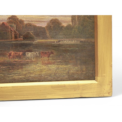 210 - A 19th century country landscape study depicting cattle by a river, with a house and trees beyond, s... 