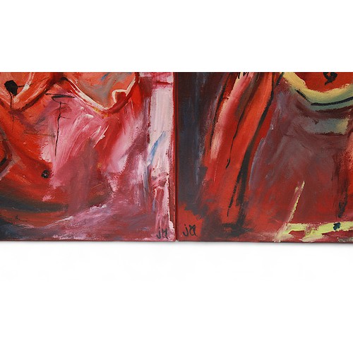 213 - A pair of impressionist oils on canvas, abstract depictions of the nude female form, highlighted in ... 