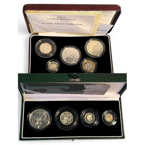 616 - A 2003 Silver Proof Britannia Collection of four, together with a 2003 UK Family Silver Collection o... 