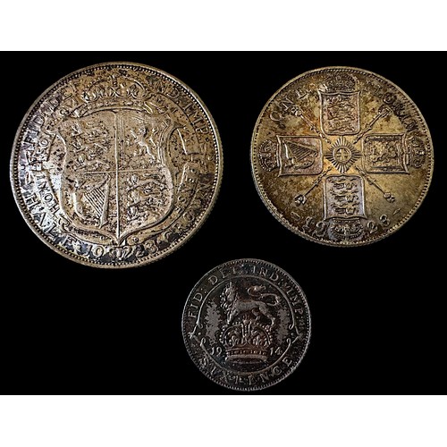 634 - GB George V. 1923 Half Crown, Unc with toning, 1923 One Florin Unc with toning, 1916 Sixpence UNC wi... 