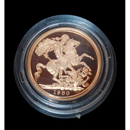 874 - A Royal Mint QEII, 1980 proof Sovereign, gross weight approximately 7.9g, in clear plastic capsule, ... 