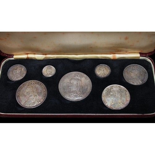 875 - An 1887 Queen Victoria Golden Jubilee silver seven-coin specimen set in fitted case. Includes (1) 18... 