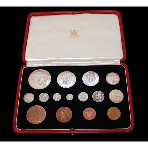 656 - A George VI 1937 Proof Specimen Set of 15 Coins including Maundy Set, in gilt-tooled fitted case, Un... 