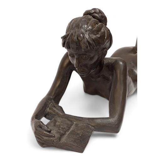 220 - Tom Greenshields (1915-1994) ‘Anya with book’, bronze resin sculpture of a recumbent lady reading a ... 