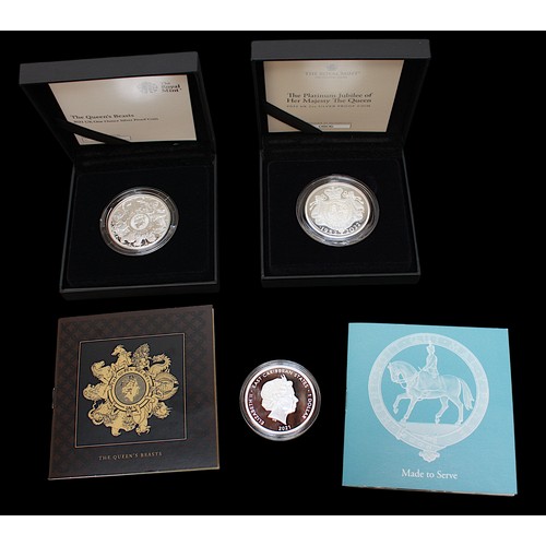 872 - Three Royal Mint silver coins comprising a Platinum Jubilee Her Majesty the Queen 2022 2oz silver pr... 