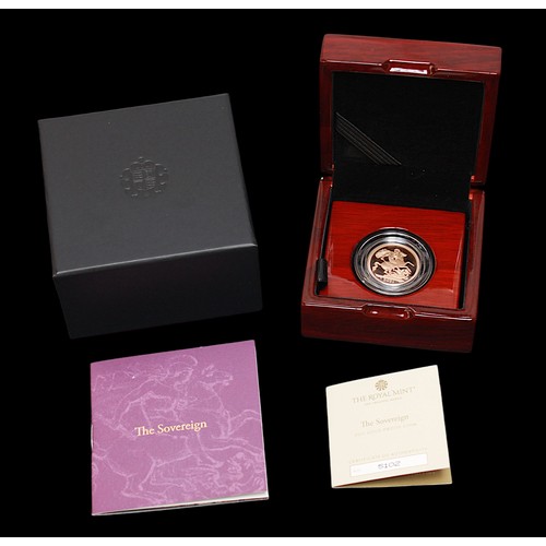 861 - A Royal Mint QEII 2021 22ct gold proof full Sovereign, in clear plastic capsule, with fitted box, ce... 