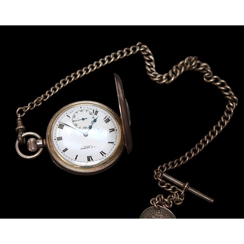 42 - A silver cased half-hunter pocket watch by J W Benson, the case-front with blue enamelled Roman nume... 