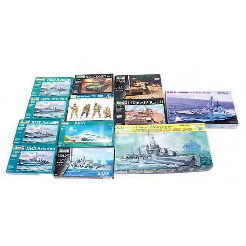 443 - A collection of twenty-five boxed unassembled plastic scale model build kits for ships, tanks and ot... 