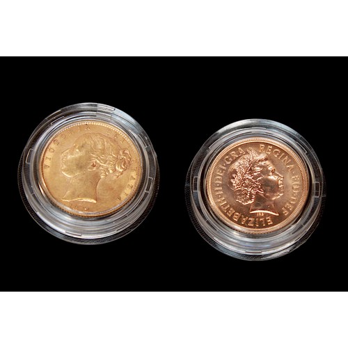 692 - The 2002 Jubilee 'Shield' Gold Sovereign Two-Coin Set, first coin Victoria Young Head 1872, VF, seco... 