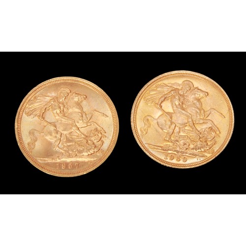 695 - A Pair of 1957 Gold Sovereigns, obv Mary Gillick 1st portrait of ERII, rev, Pistrucci's George & Dra... 