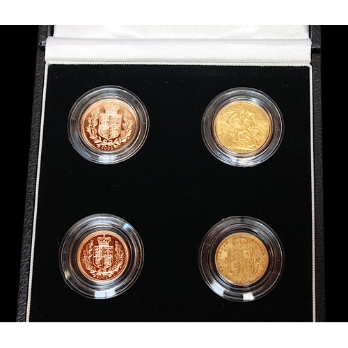 696 - The 2002 Golden Jubilee Sovereign Collection Four-Coin Set, all Shield backs, first coin Victoria Ju... 