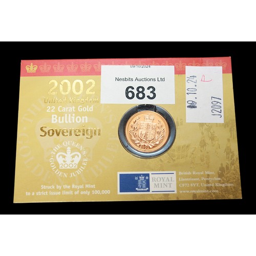 683 - A 2002 Gold Sovereign Brilliant Uncirculated for the Golden Jubilee of HM Queen Elizabeth, obv portr... 