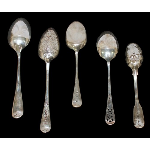 34 - Four various silver preserve and berry spoons, comprising George III silver spoon with gilt bowl, re... 