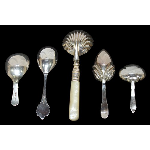 31 - Five various silver caddy spoons, including four hallmarked Birmingham dated 19th Century and earlie... 