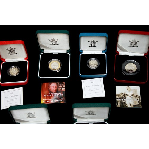 736 - Royal Mint Piedfort Silver Proof One Pound 1999, 2000 and 2002, together with standard bi-colour sil... 