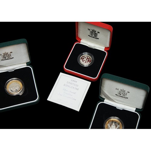 736 - Royal Mint Piedfort Silver Proof One Pound 1999, 2000 and 2002, together with standard bi-colour sil... 