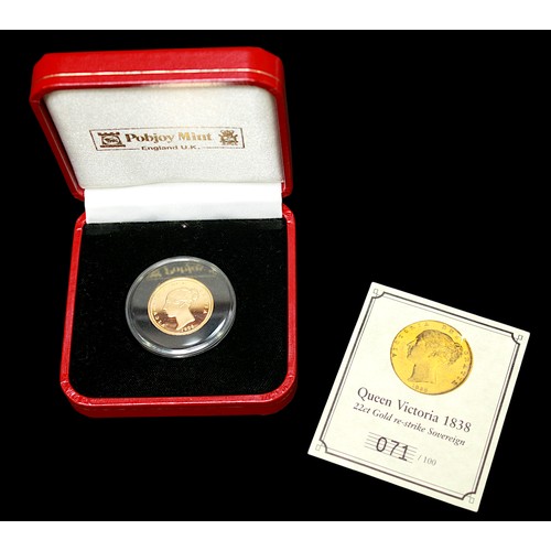 754 - A Pobjoy Mint 22ct Proof Gold Sovereign, restruck Queen Victoria young head 1838, limited edition 07... 