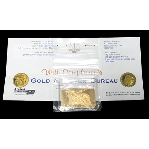 880 - A .9999 grade, one Troy ounce gold ingot, inscribed ‘Land of the Free, Home of the Brave’, commemora... 