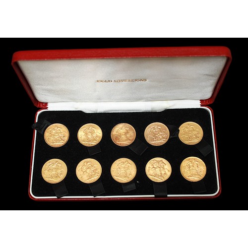 774 - A collection of ten assorted 22ct gold sovereigns, of varying years from 1888 - 1979, housed in 10-c... 