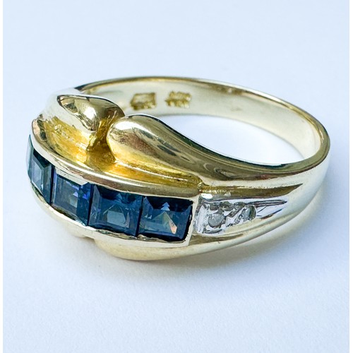 76 - A 14ct yellow gold dress ring, invisible-set with five princess cut sapphires to the centre, and two... 