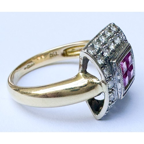 77 - An 18ct yellow gold dress ring, invisible set with four princess cut rubies to the centre, surrounde... 