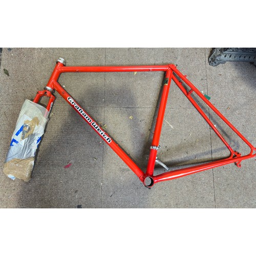 248 - A Sage green Argos bike frame, c-c 56cm, together with a Graham Weigh Candy red bike frame, c-c 53cm... 