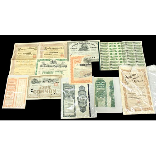 839 - Various Share Certificates including Chiraga, Burlington & Quinry Railroad Company, Missouri, Kansas... 