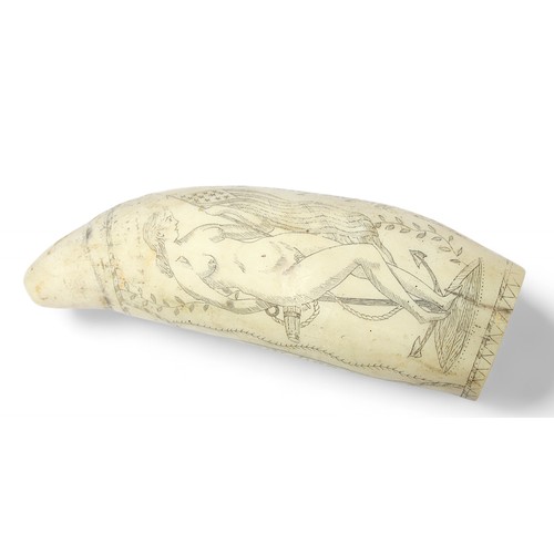 304 - A 'simulated' scrimshaw whale's tooth engraved with a ship and a nude lady verso ‘1840 by J.H.A.’, t... 