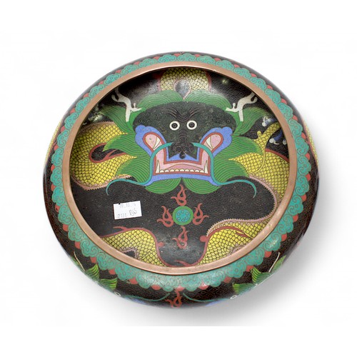 23 - A Chinese Cloisonné bowl, of shallow compressed circular form, decorated with a five-claw dragon and... 