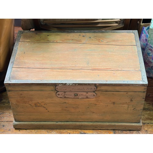 303 - A quantity of mixed collectables, including a metal-bound pine chest, engraved white-metal plaques t... 