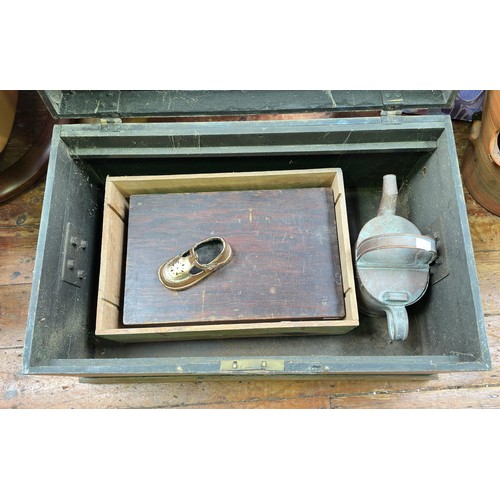 303 - A quantity of mixed collectables, including a metal-bound pine chest, engraved white-metal plaques t... 