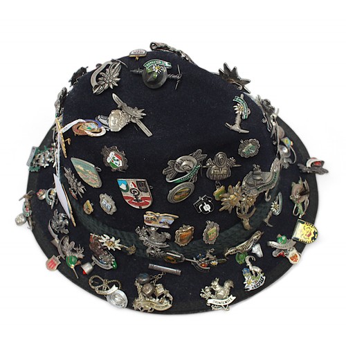 306 - A traditional Bavarian German Tyrolean Fedora hat by Mayser with approximately eighty pewter and ena... 