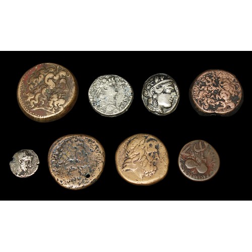 843 - Six various bronze ancient Greek coins including Tetrobol and Diobel coins, and two re-struck 'silve... 