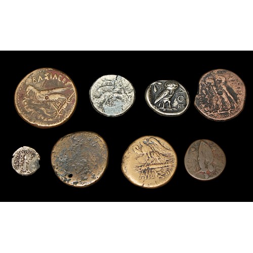 843 - Six various bronze ancient Greek coins including Tetrobol and Diobel coins, and two re-struck 'silve... 