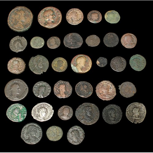 842 - A collection of thirty-two, mostly bronze, Roman coins but including a Trajan Decius silver Antonini... 