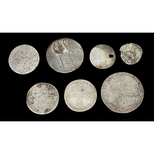 847 - An Elizabeth I silver shilling, and Half Groat, together with a William III Half Crown and two Willi... 