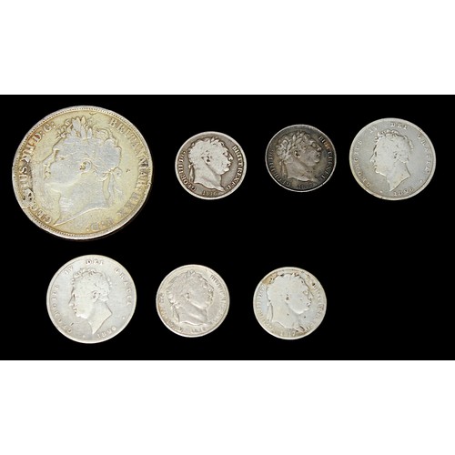 846 - A George IV Silver Crown, 1821, and two Shillings, both dated 1826, together with four George III si... 